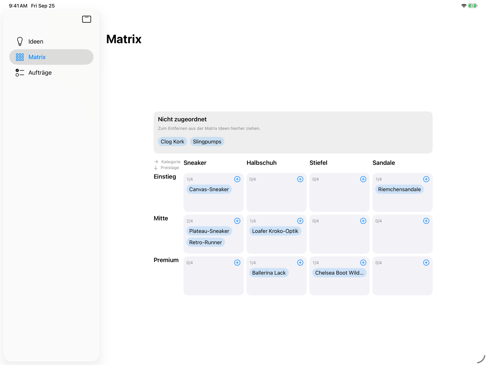 Screenshot der FFE-Connect-App auf dem iPad: Matrix-Ansicht mit Beispielideen in den Zellen Kategorie mal Preislage, darüber der Bereich Nicht zugeordnet